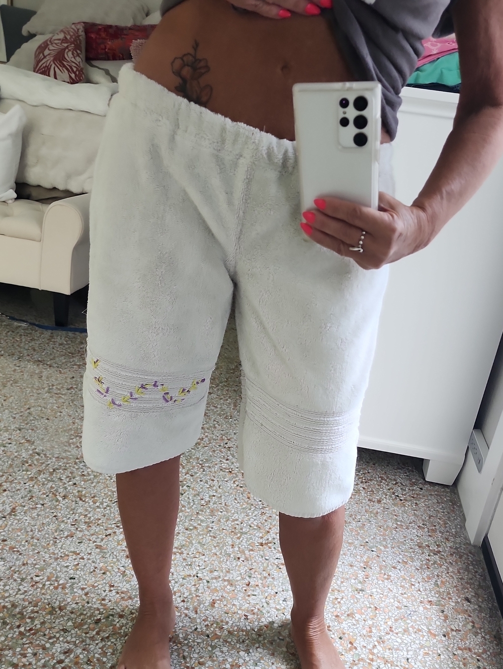 Light Cream Terry Towel Jorts with Subtle Floral Embroidery